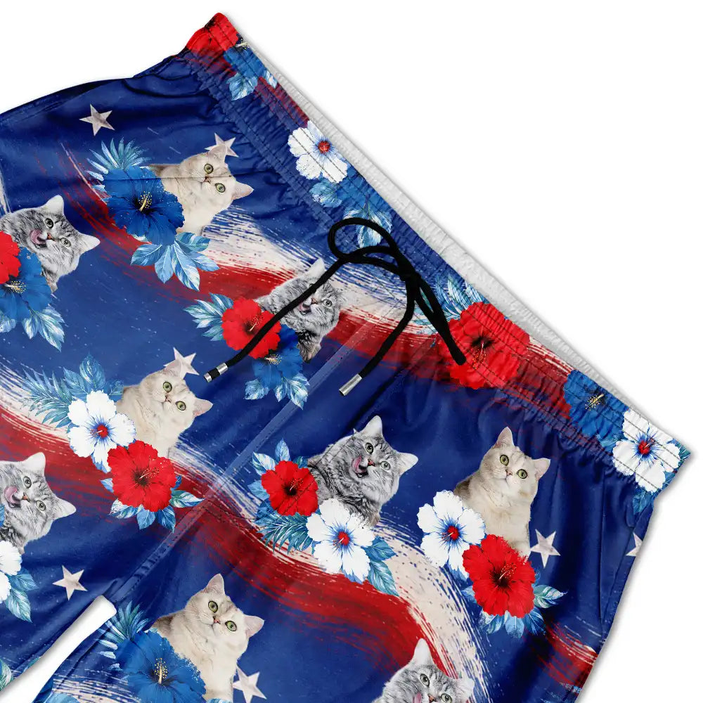 Gift For Father,Custom Photo,Independence Day,Beach,Summer,Top Market,Adorable,Remove BG Photo - Custom Photo Stars & Stripes Dog Cat Happy Paws - Personalized Unisex Beach Shorts
