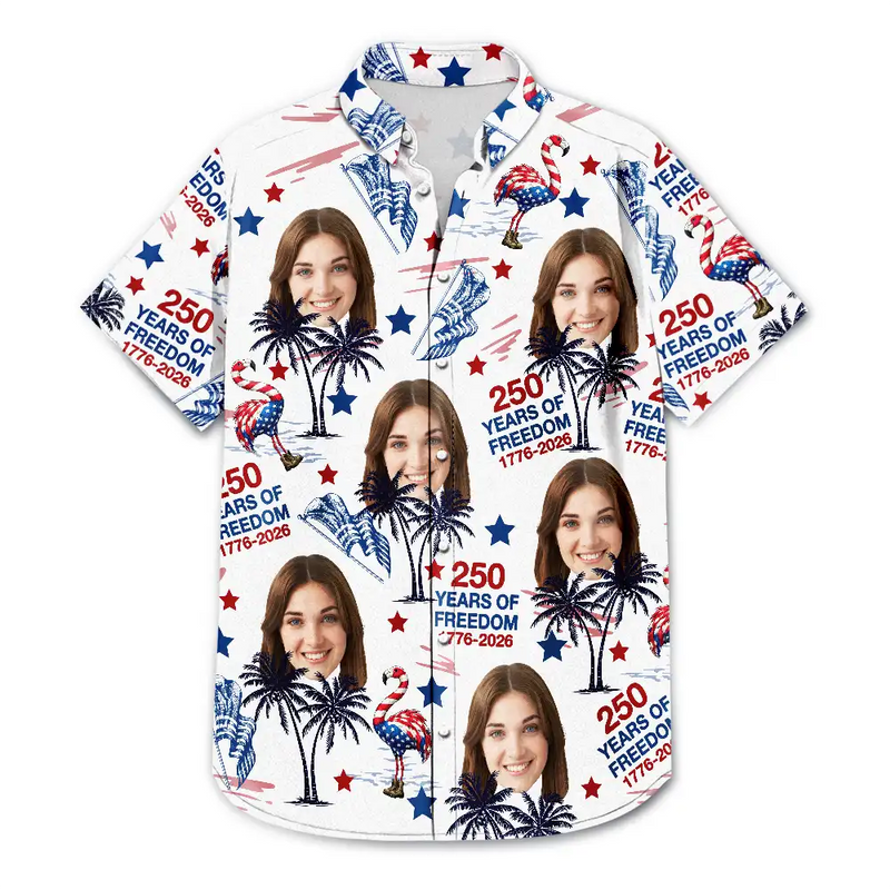 Independence Day,Happy - Custom Photo Stars & Stripes Family Pets Kids Tropical Flamingo - Personalized Hawaiian Shirt