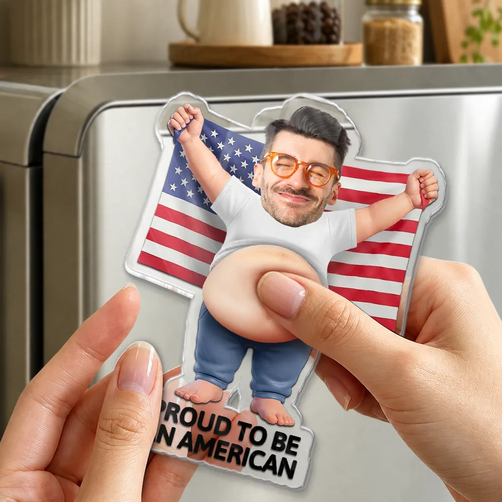 Custom Photo, Independence Day, Gift For Men, Gift For Yourself, Humorous, Cut-Face Photo - Custom Photo Stars, Stripes & Poke That Belly - Personalized Squishy Acrylic Fridge Magnet