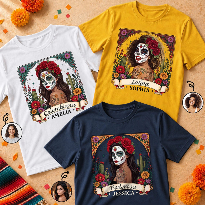 Art Design,Confident,Halloween,Gift For Yourself,Hispanic,Photo - Mexican Skull Woman Man - Custom Photo Sugar Skull Day Of The Dead Funny Mexican Hispanic - Personalized T Shirt
