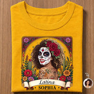 Art Design,Confident,Halloween,Gift For Yourself,Hispanic,Photo - Mexican Skull Woman Man - Custom Photo Sugar Skull Day Of The Dead Funny Mexican Hispanic - Personalized T Shirt