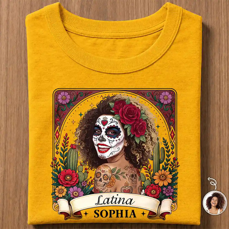 Art Design,Confident,Halloween,Gift For Yourself,Hispanic,Photo - Mexican Skull Woman Man - Custom Photo Sugar Skull Day Of The Dead Funny Mexican Hispanic - Personalized T Shirt