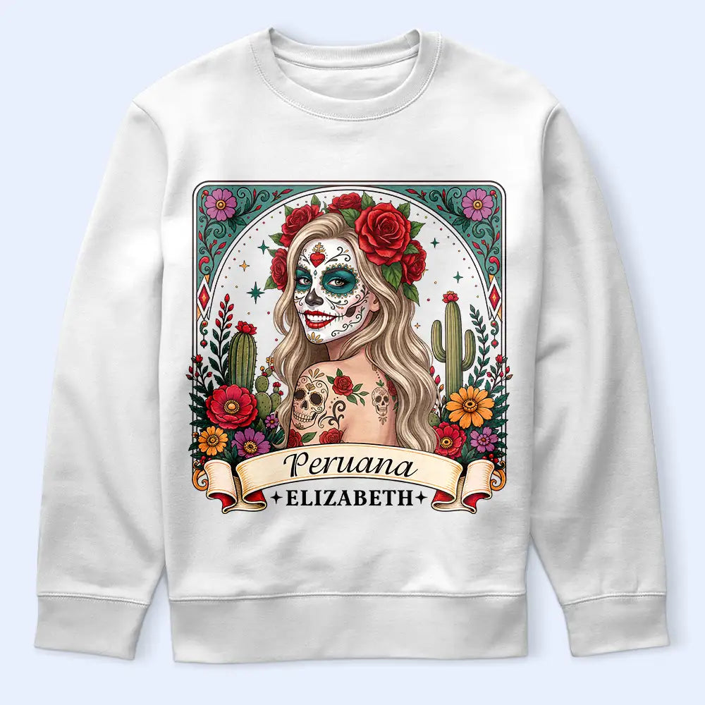 Art Design,Confident,Halloween,Gift For Yourself,Hispanic,Photo - Mexican Skull Woman Man - Custom Photo Sugar Skull Day Of The Dead Funny Mexican Hispanic - Personalized T Shirt