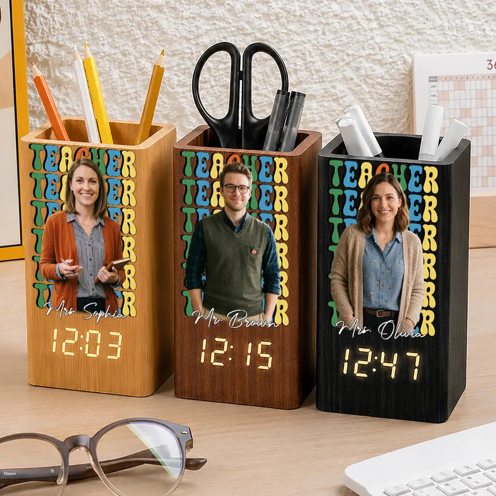 Grateful, Teacher, Back To School, Custom Photo, Remove BG Photo - Custom Photo Teacher With Name - Personalized Pen Holder With Clock