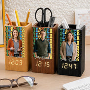 Grateful, Teacher, Back To School, Custom Photo, Remove BG Photo - Custom Photo Teacher With Name - Personalized Pen Holder With Clock