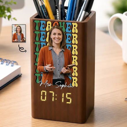 Custom Photo Teacher With Name - Personalized Pen Holder With Clock