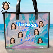 Gift For Boyfriend,Gift For Husband,Gift For Wife,Gift For Girlfriend,Gift For Yourself,Gift For Women,Gift For Men,Gift For Bestie,Beach,Happy,Travel,Gift For Sisters - Custom Photo The Beach Is Calling And I Must Go - Personalized Holographic Tote