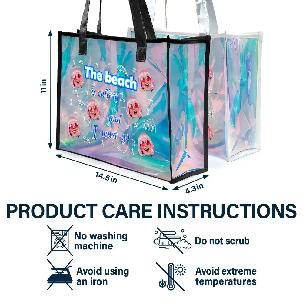 Gift For Boyfriend,Gift For Husband,Gift For Wife,Gift For Girlfriend,Gift For Yourself,Gift For Women,Gift For Men,Gift For Bestie,Beach,Happy,Travel,Gift For Sisters - Custom Photo The Beach Is Calling And I Must Go - Personalized Holographic Tote
