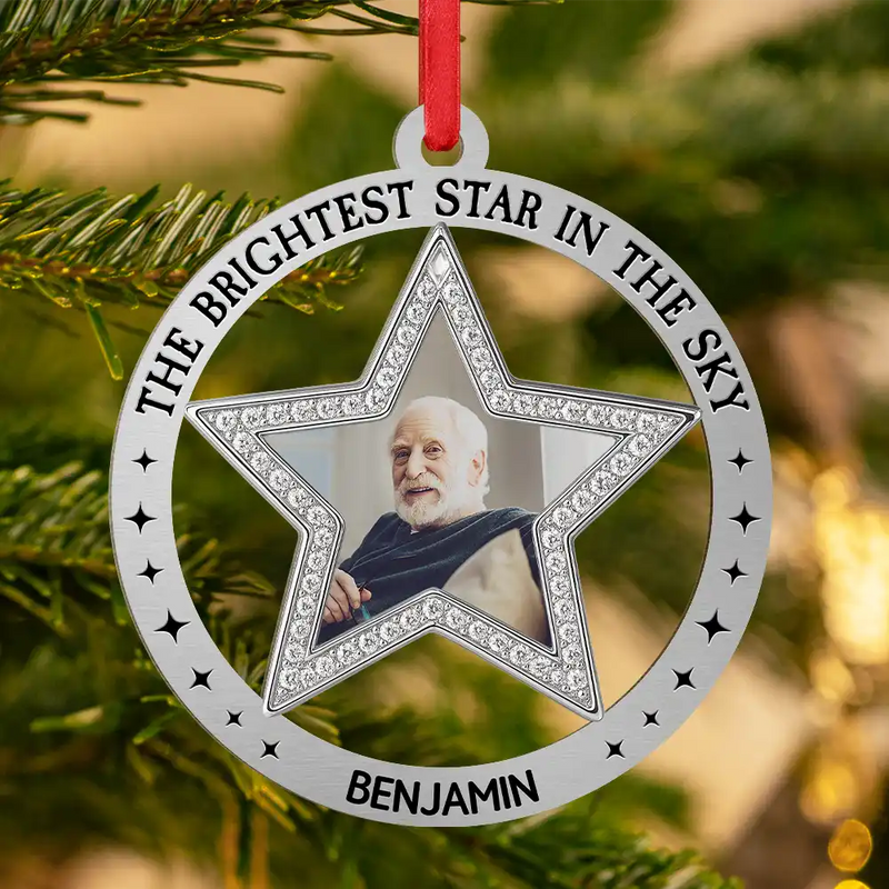 Christmas, Family, Pet Lovers, Memorial - Custom Photo The Brightest Star In The Sky - Personalized Metal Ornament