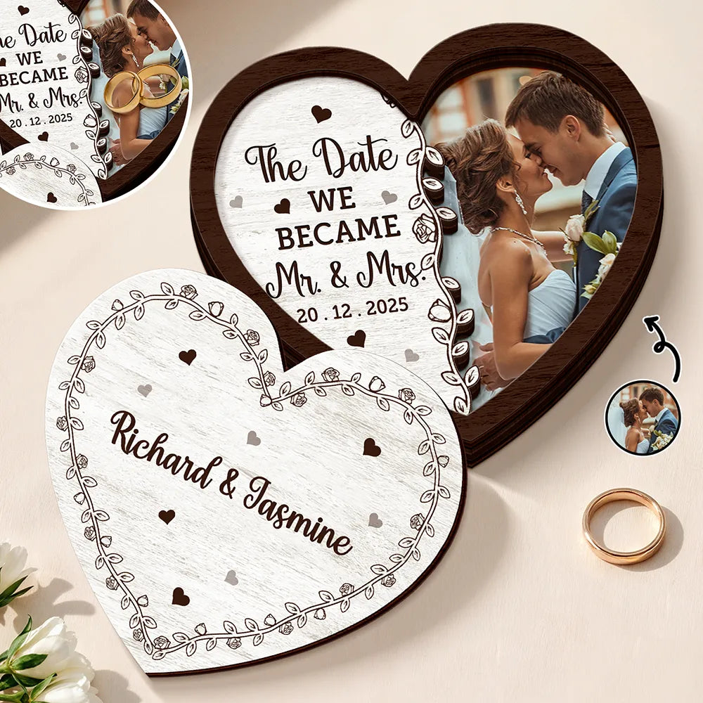 Custom Photo The Date We Became Mr. & Mrs. - Personalized 2-Layered Wooden Ring Dish