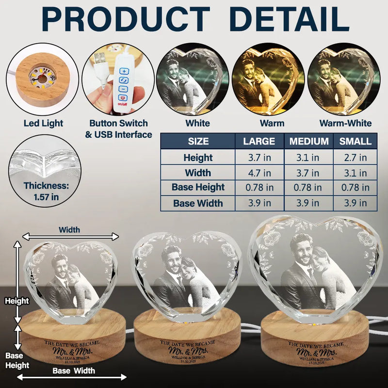 Gift For Couples,Old Couples,Gift For Husband,Gift For Wife,LGBT,Love,Married ,Engaged,Wedding,Wedding Anniversary - Custom Photo The Date We Became Mr & Mrs Wedding Couple - Personalized Crystal Heart Shaped Lamp