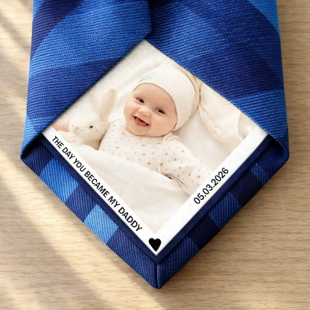 Gift For Husband,Gift For Yourself,Gift For Men,Gift For Father,New Dad,Non-Eng,Photo,Cozy - Custom Photo The Day You Became My Daddy - Personalized Fabric Tie Patch