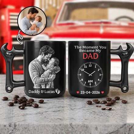 Custom Photo The Moment You Became My Mommy Daddy Pencil Sketch - Personalized Wrench Shaped Handle Mug