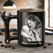 Gift For Father,Gift For Husband,Gift For Couples,New Dad,New Mom,Gift For Mother,Gift For Wife,Non-Eng,Photo - Pencil Sketch (Dark BG),Adorable - Custom Photo The Moment You Became My Mommy Daddy Pencil Sketch - Personalized Wrench Shaped Handle Mug