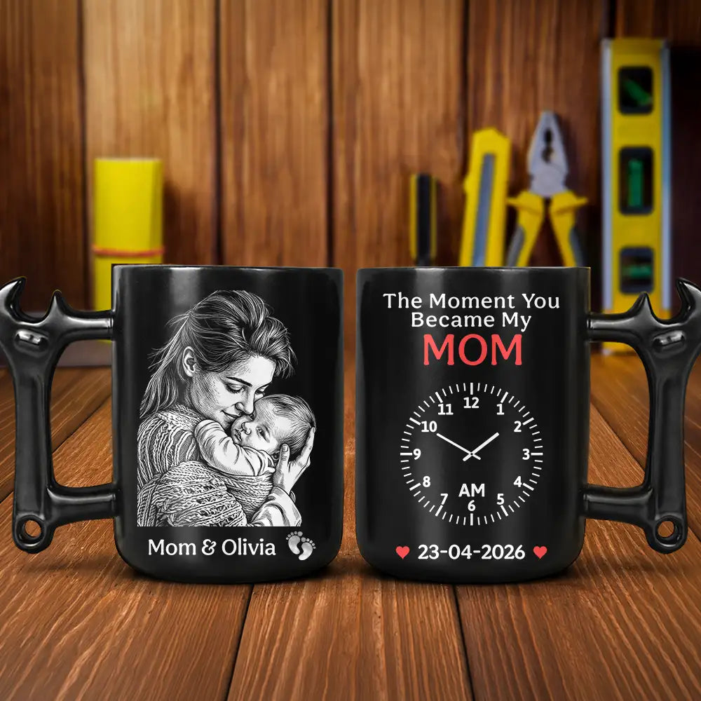 Gift For Father,Gift For Husband,Gift For Couples,New Dad,New Mom,Gift For Mother,Gift For Wife,Non-Eng,Photo - Pencil Sketch (Dark BG),Adorable - Custom Photo The Moment You Became My Mommy Daddy Pencil Sketch - Personalized Wrench Shaped Handle Mug