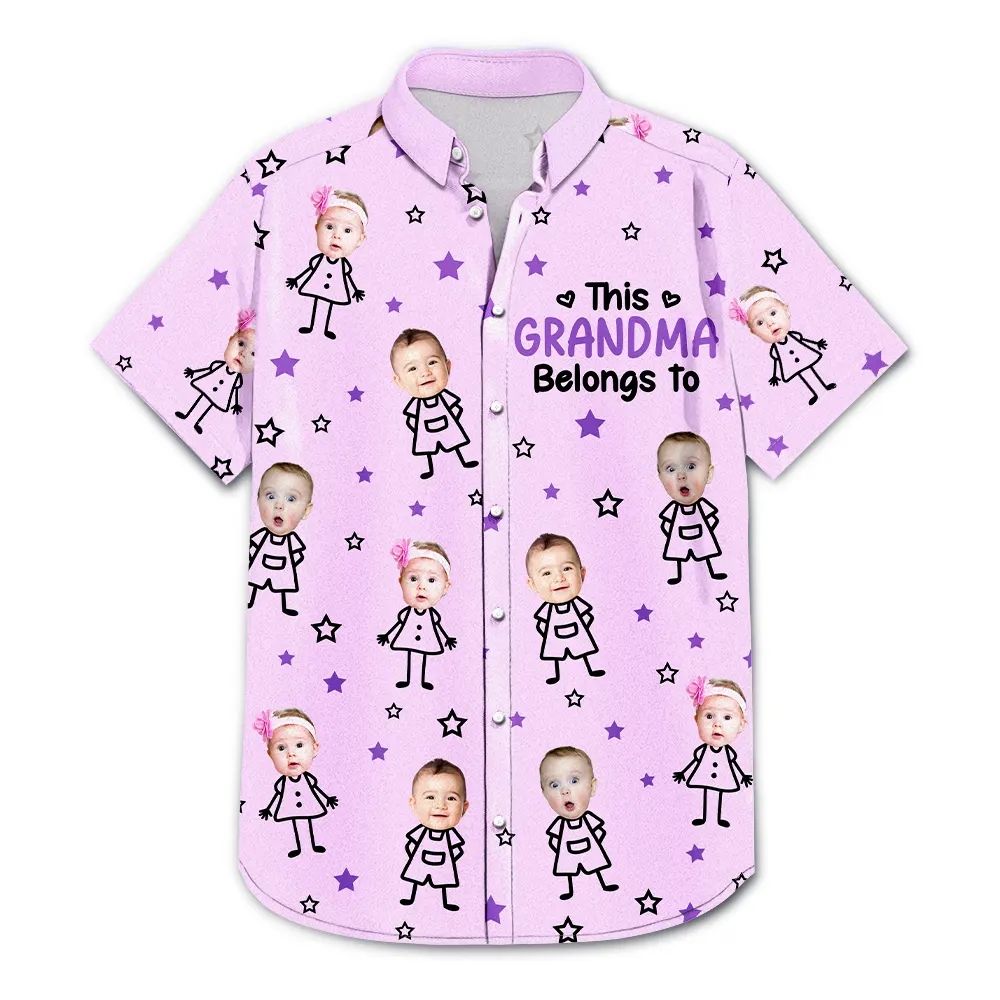 Gift For Grandma,Gift For Mother,Love,Stick Figure - Custom Photo This Grandpa Grandma Dad Mom Belongs To Kids Pet - Personalized Hawaiian Shirt