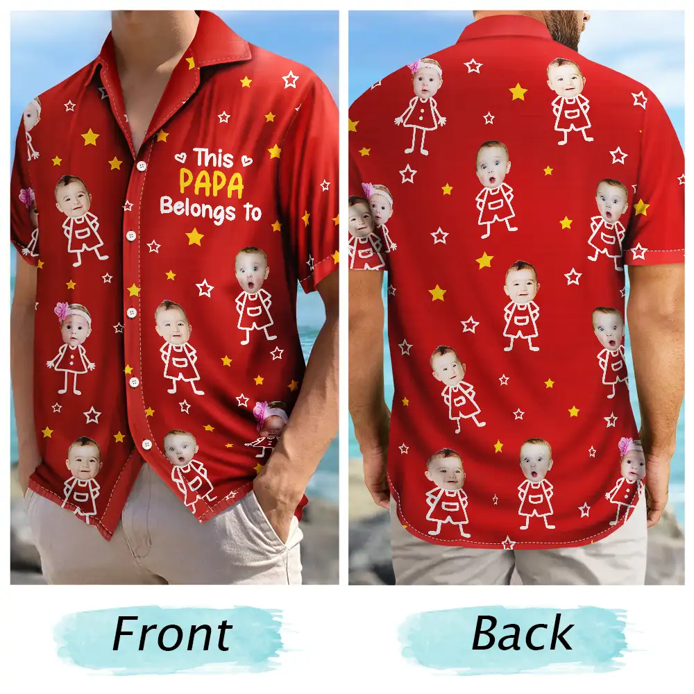 Gift For Grandma,Gift For Mother,Love,Stick Figure - Custom Photo This Grandpa Grandma Dad Mom Belongs To Kids Pet - Personalized Hawaiian Shirt
