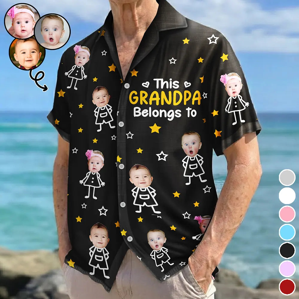 Gift For Grandma,Gift For Mother,Love,Stick Figure - Custom Photo This Grandpa Grandma Dad Mom Belongs To Kids Pet - Personalized Hawaiian Shirt