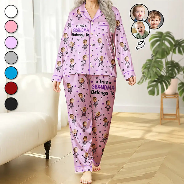 Gift For Grandma,Gift For Mother,Love,Stick Figure - Custom Photo This Grandma Mom Belongs To Kids Pet - Personalized Satin Pajama Set