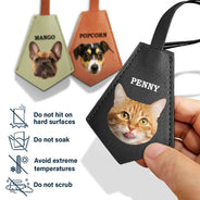 Pet Lovers - Custom Photo This Human Belongs To - Personalized Tag Shaped Leather Keychain With Stitching
