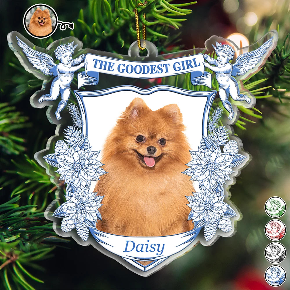 Dog Lovers, Dog Mom, Dog Dad, Cat Lovers, Cat Mom, Cat Dad, Pet Lovers, Pet Mom, Pet Dad, Christmas, Love - Custom Photo Toile De Jouy Goodest Boy Girl - Personalized Custom Shaped Acrylic Ornament