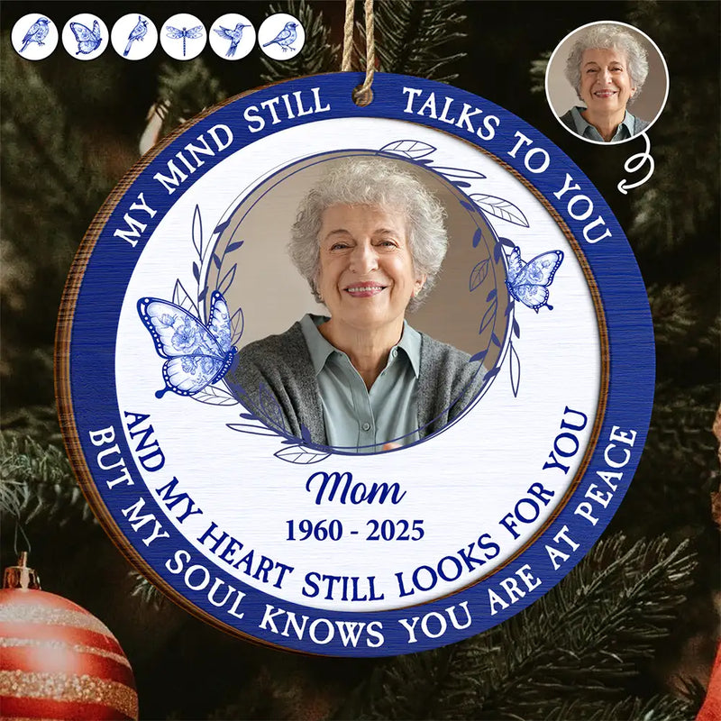 Family,Parents,Gift For Grandparents,Christmas,Sad,Custom Photo - Custom Photo Toile Memorial Bird My Mind Still Talks To You - Personalized 2-Layered Wooden Ornament