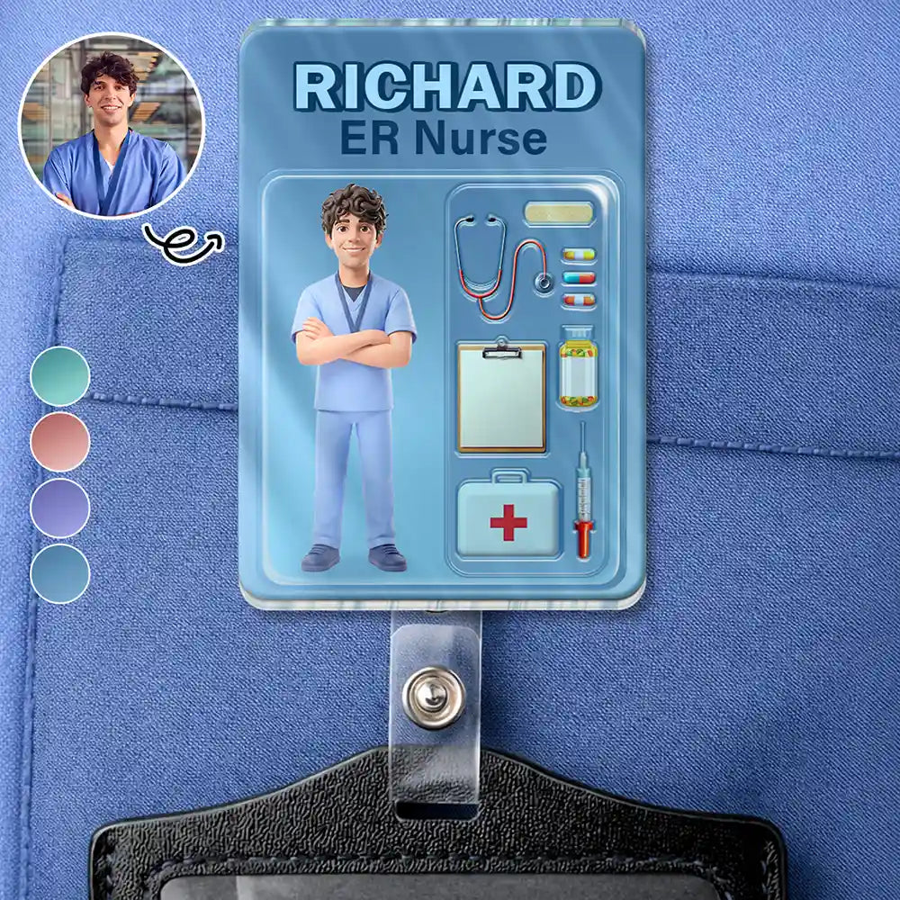 Custom Photo, Art Design, Nurse, Proud, Photo - Toybox Figure - Custom Photo Toybox Figure 3D Effect Nurse Name - Personalized Badge Reel