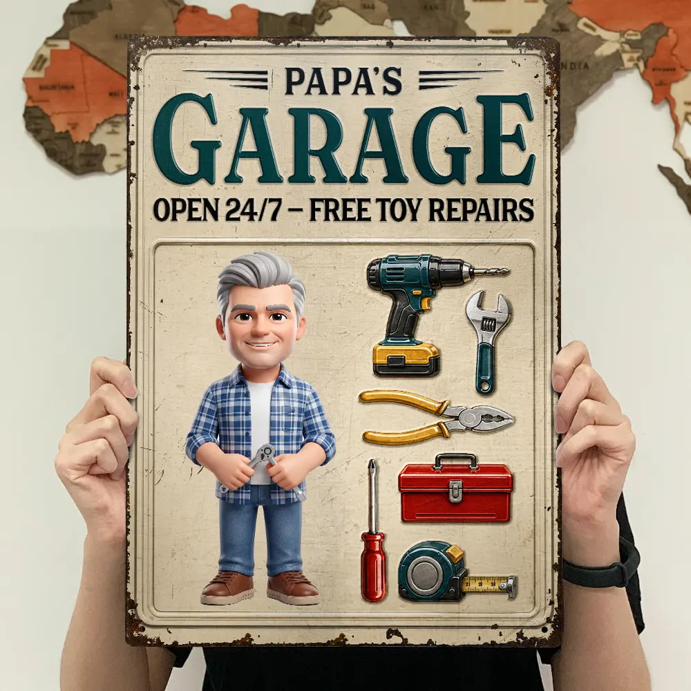 Custom Photo, Art Design, Gift For Grandpa, Top Market, Confident, Photo - Toybox Figure - Custom Photo Toybox Figure Dad Papa Garage - Personalized Classic Metal Signs
