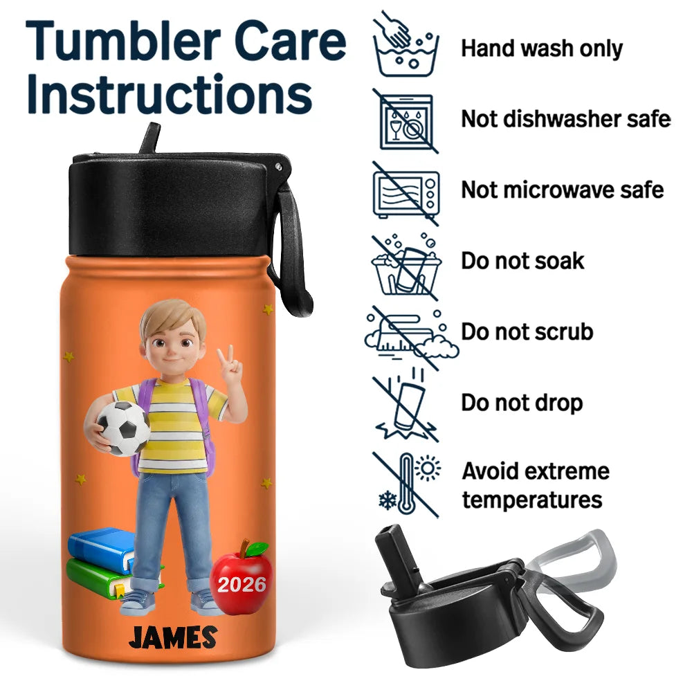Adorable,Art Design,Back To School,Gift For Kids,Photo - Toybox Figure - Custom Photo Toybox Figure First Day Of Kindergarten - Personalized Kids Water Bottle