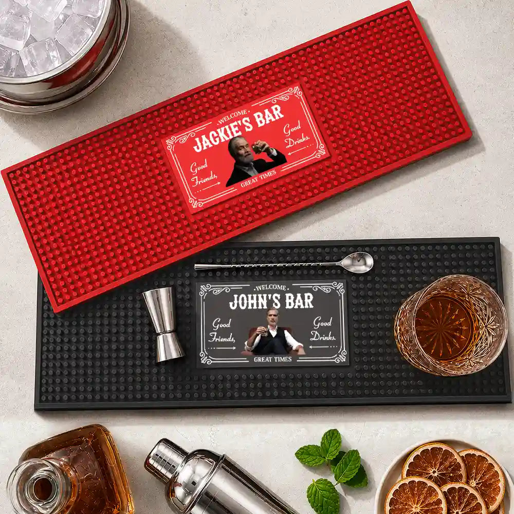 Custom Photo, Art Design, Gift For Men, Gift For Yourself, Confident, Photo - Toybox Figure Half Body - Custom Photo Toybox Figure Good Friends Good Drinks Great Times - Personalized Bar Mat