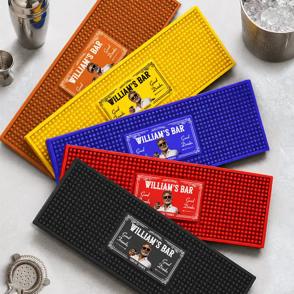 Custom Photo, Art Design, Gift For Men, Gift For Yourself, Confident, Photo - Toybox Figure Half Body - Custom Photo Toybox Figure Good Friends Good Drinks Great Times - Personalized Bar Mat