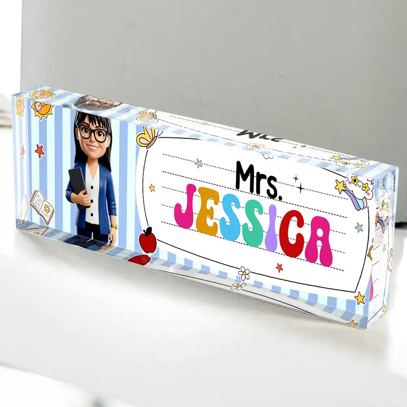 Art Design, Teacher, Back To School, Proud, Photo - Toybox Figure Half Body - Custom Photo Toybox Figure Teacher With Striped Pattern - Personalized Desk Name Plate