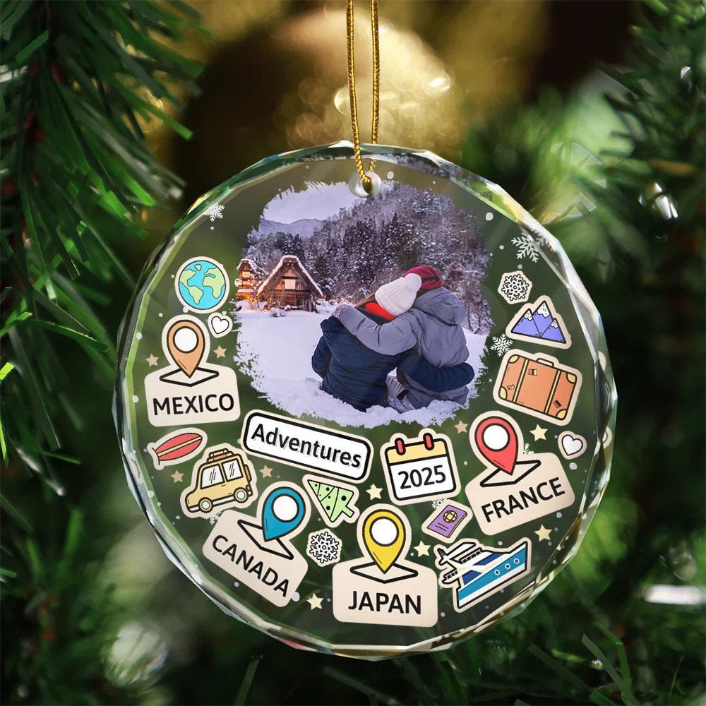 Christmas, Gift For Yourself, Travel, Happy - Custom Photo Travel Goal, Destination Of The Year - Personalized Circle Glass Ornament