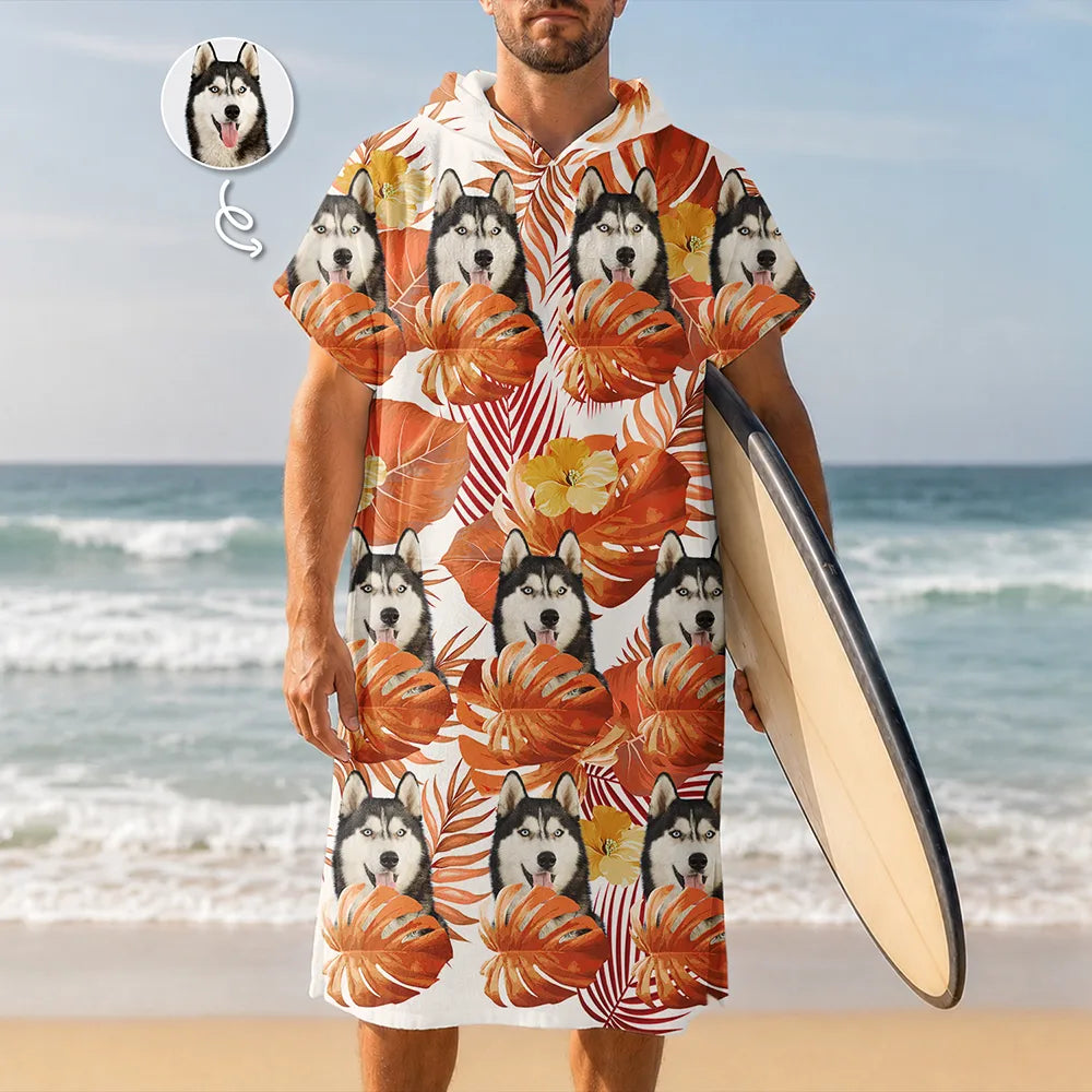 Humorous,Beach,Custom Photo,Summer,Pet Lovers,Cut-Face Photo,Icon - Custom Photo Tropical Funny Pet Family Face - Personalized Hooded Poncho Towel