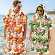 Humorous,Beach,Custom Photo,Summer,Pet Lovers,Cut-Face Photo,Icon - Custom Photo Tropical Funny Pet Family Face - Personalized Hooded Poncho Towel