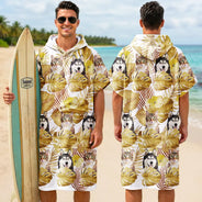 Humorous,Beach,Custom Photo,Summer,Pet Lovers,Cut-Face Photo,Icon - Custom Photo Tropical Funny Pet Family Face - Personalized Hooded Poncho Towel