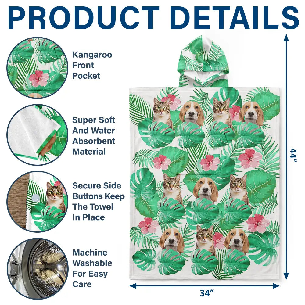 Humorous,Beach,Custom Photo,Summer,Pet Lovers,Cut-Face Photo,Icon - Custom Photo Tropical Funny Pet Family Face - Personalized Hooded Poncho Towel