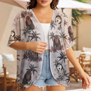 Summer,Gift For Wife,Gift For Girlfriend,Gift For Women,Gift For Yourself,Dog Lovers,Dog Mom,Happy,Cat Lovers,Pet Lovers,Beach - Custom Photo Tropical Palm Dog Cat - Personalized Women Kimono Cardigan