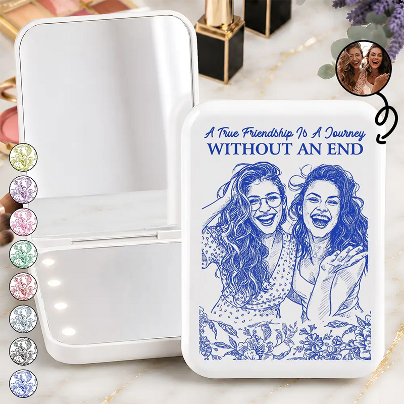 Custom Photo, Art Design, Gift For Bestie, Humorous, Photo - Pencil Sketch - Remove BG - Custom Photo True Friendship Is Journey Without End Pencil Sketch Toile De Jouy - Personalized LED Compact Mirror