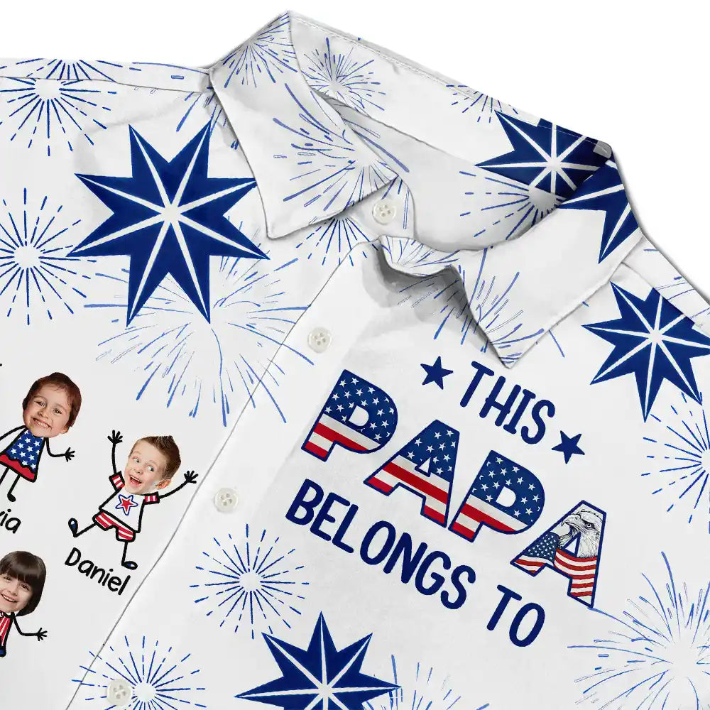 Gift For Father,Custom Photo,Independence Day,Stick Figure,Proud,Cut-Face Photo - Custom Photo US Flag My Heart Belongs To My Kids - Personalized Hawaiian Shirt