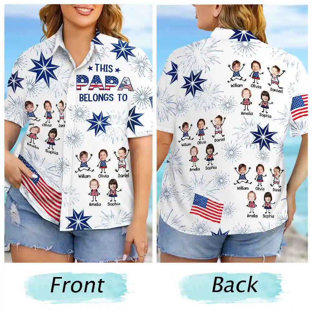 Gift For Father,Custom Photo,Independence Day,Stick Figure,Proud,Cut-Face Photo - Custom Photo US Flag My Heart Belongs To My Kids - Personalized Hawaiian Shirt
