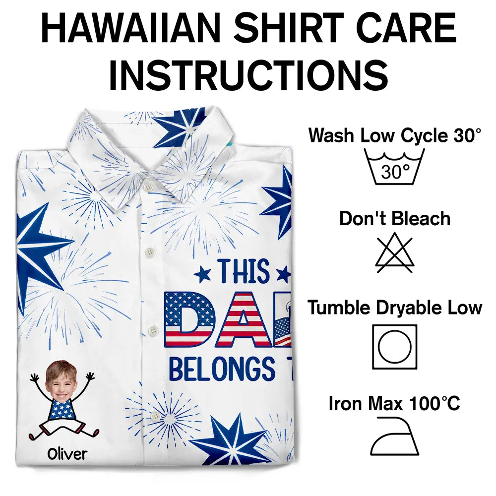 Gift For Father,Custom Photo,Independence Day,Stick Figure,Proud,Cut-Face Photo - Custom Photo US Flag My Heart Belongs To My Kids - Personalized Hawaiian Shirt