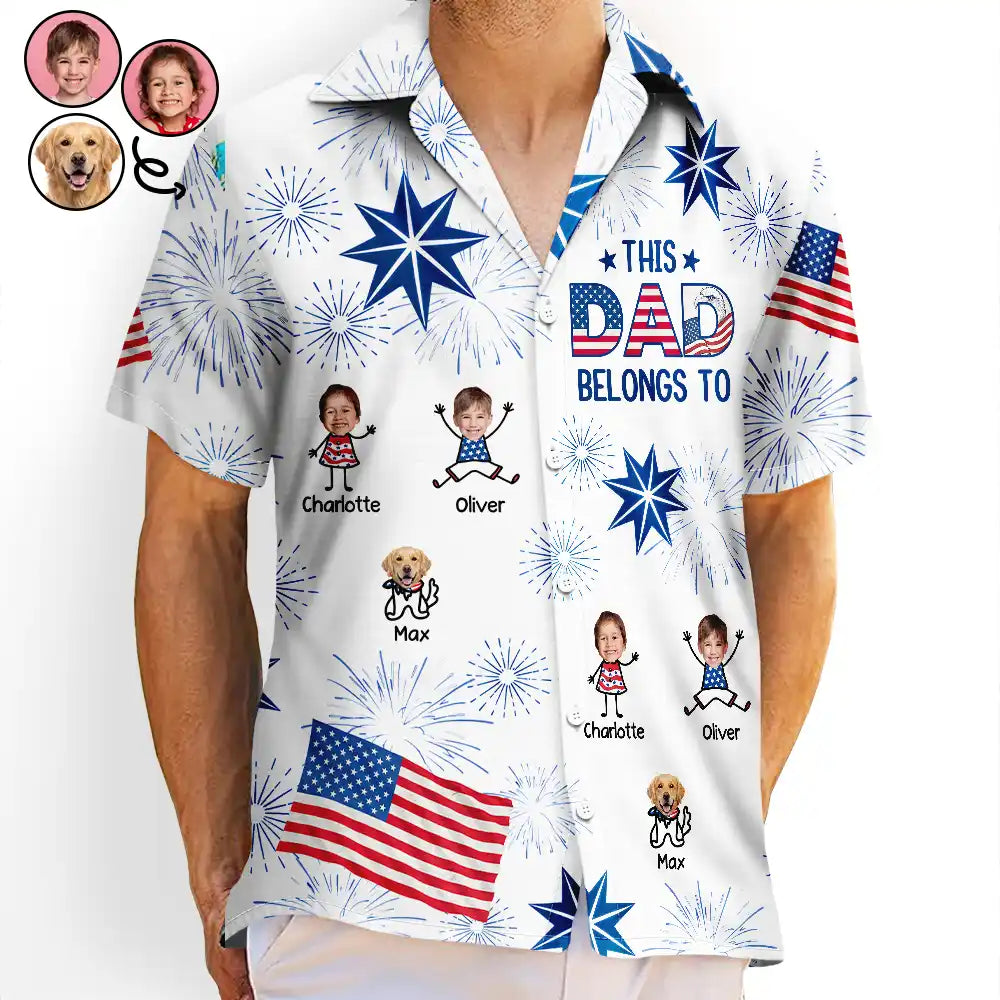 Gift For Father,Custom Photo,Independence Day,Stick Figure,Proud,Cut-Face Photo - Custom Photo US Flag My Heart Belongs To My Kids - Personalized Hawaiian Shirt