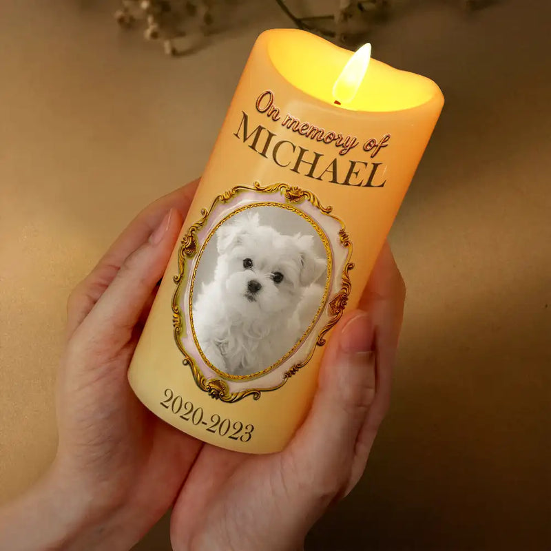 Pet Lovers, Custom Photo, Love - Custom Photo Vintage Frame Golden Ceramic Effect - Personalized Flameless LED Candle