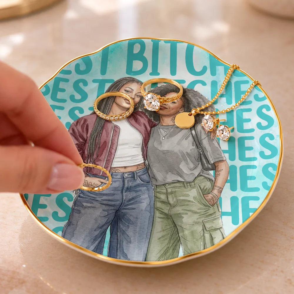 Top Market,Art Design,Gift For Bestie,Christmas,Humorous,Photo - Vivid Watercolor Art - Custom Photo Vivid Watercolor Art Besties Best B*tches Funny Keepsake - Personalized Ring Dish