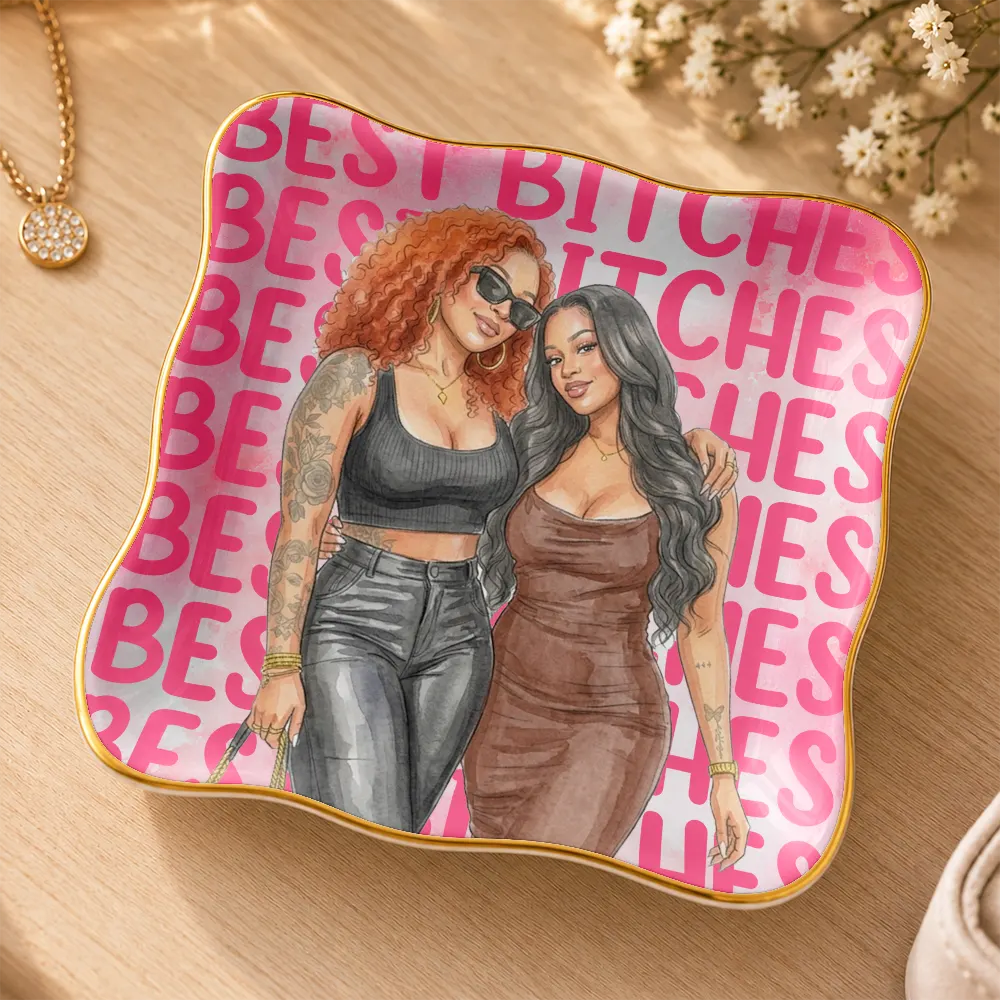 Top Market,Art Design,Gift For Bestie,Christmas,Humorous,Photo - Vivid Watercolor Art - Custom Photo Vivid Watercolor Art Besties Best B*tches Funny Keepsake - Personalized Ring Dish