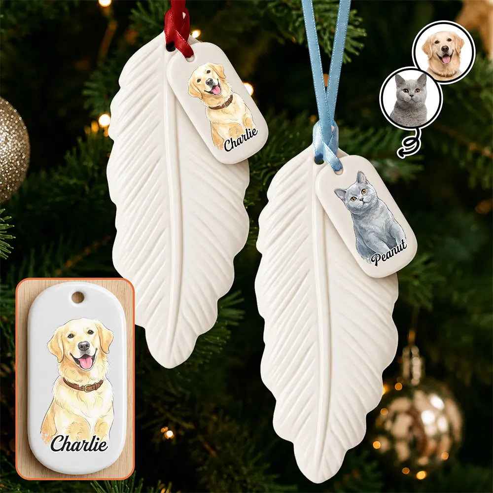 Custom Photo Vivid Watercolor Art Dog Cat Pet Memorial Christmas - Personalized Feather Ornament