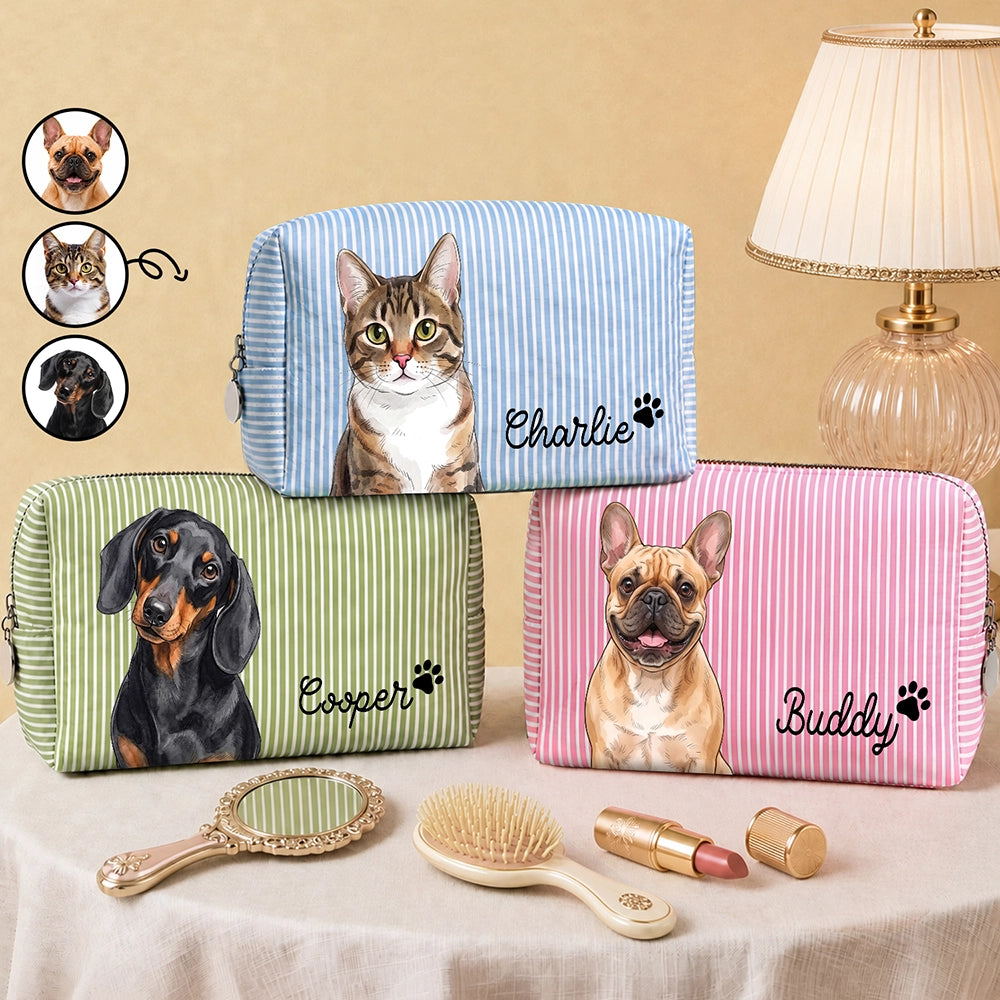 Custom Photo Vivid Watercolor Art Dog Cat Pet Portrait - Personalized Striped Cosmetic Bag