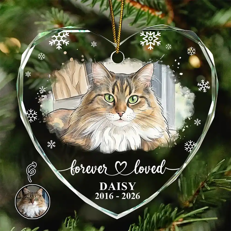 Art Design,Healing,Christmas,Pet Memorial,Pet Lovers,Memorial,Photo - Vivid Watercolor Art - Custom Photo Vivid Watercolor Art Forever Loved Memorial Dog Cat - Personalized Heart Shaped Glass Ornament