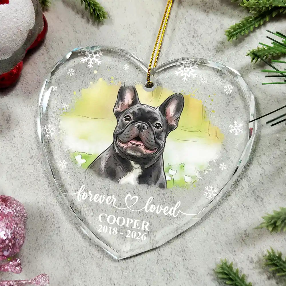 Art Design,Healing,Christmas,Pet Memorial,Pet Lovers,Memorial,Photo - Vivid Watercolor Art - Custom Photo Vivid Watercolor Art Forever Loved Memorial Dog Cat - Personalized Heart Shaped Glass Ornament